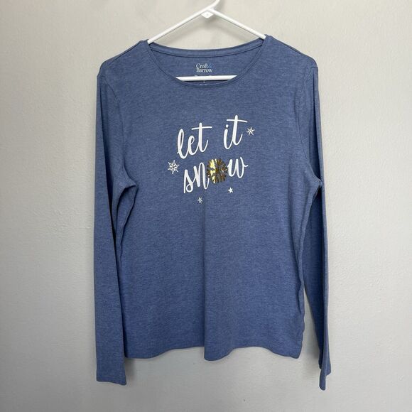 Croft & Barrow | Let It Snow Sequin Snowflake Long Sleeve Top Large Blue Gold - Picture 2 of 6